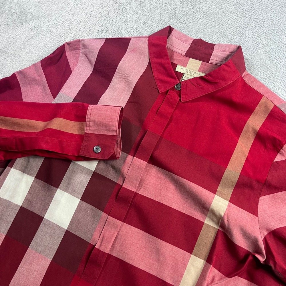 Burberry Brit Womens Red Oversized Nova Check Button Down Shirt Size M Long Slv